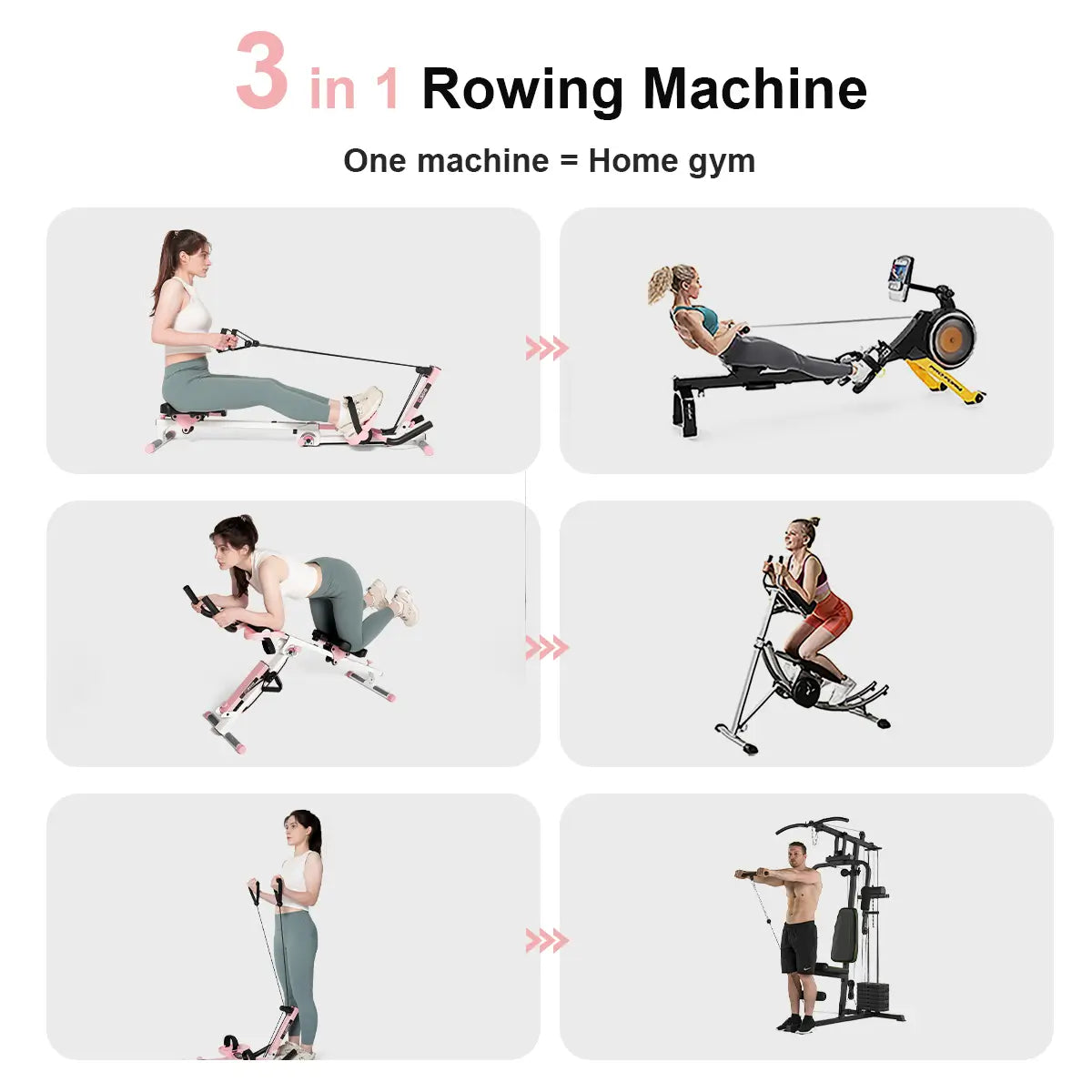 Tousains 3 in 1 rowing machine combines the function of a traditional rowing machine, an ab coaster and a small cable crossover. 